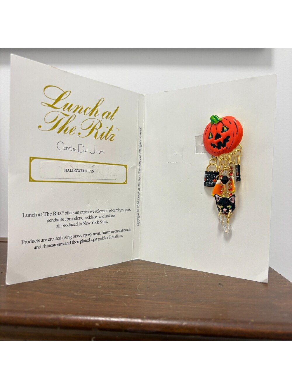Lunch At The Ritz Trick or Treat Halloween Brooch Pin Pendant Pumpkin Cat Candy